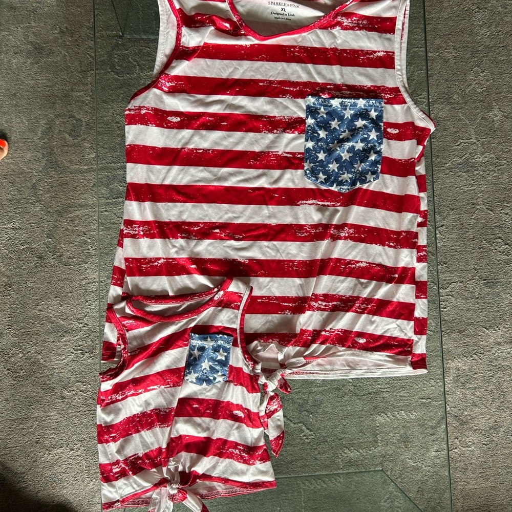 Girls' Red & White Striped Tank Top with Blue Star Pocket